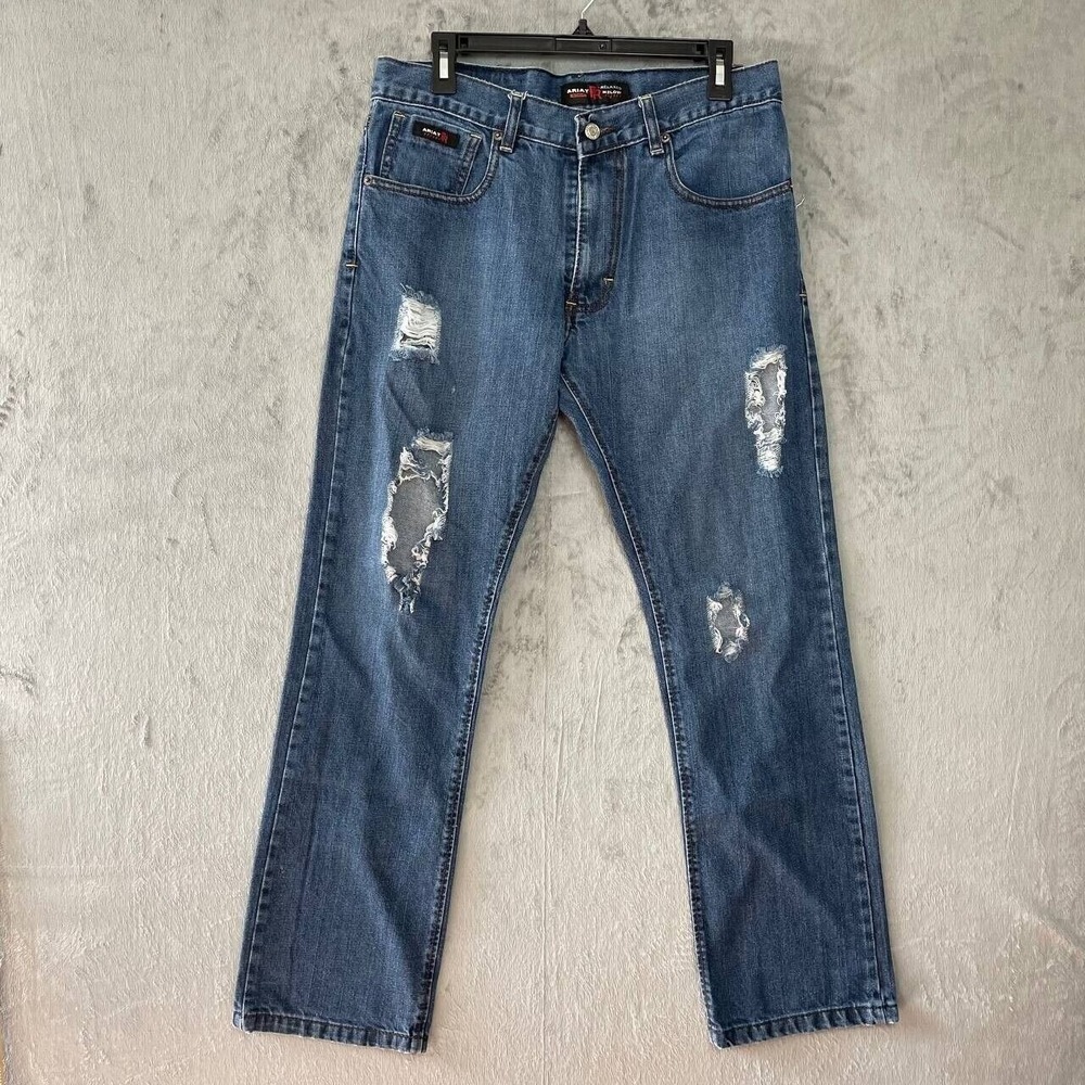 Ariat Mens Distressed Straight-Leg Jeans Size 32‎ Blue Western FR Work Rugged